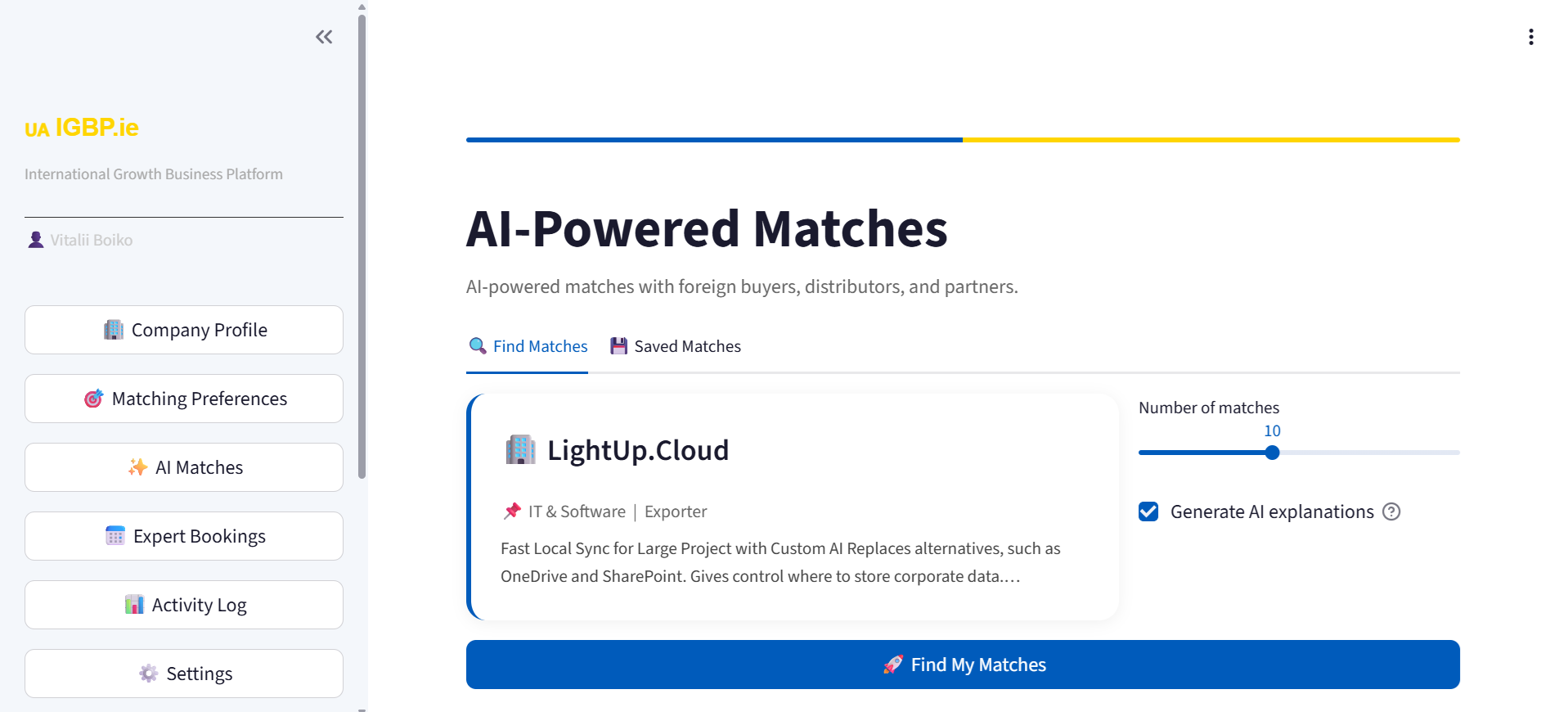 Screenshot of the IBGP AI-powered matches dashboard
